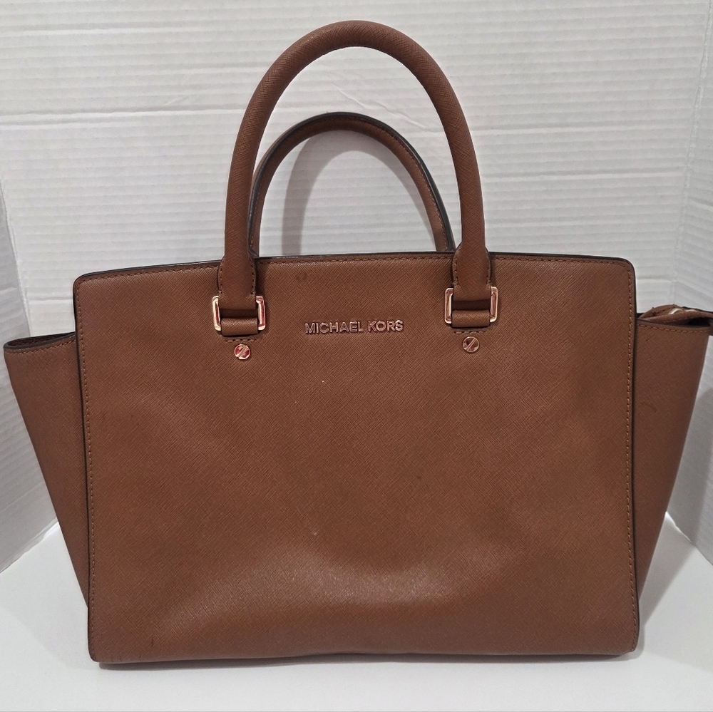 Michael Michael Kors Selma Large Leather Satchel Bag Luggage Brown AUTHENTC
